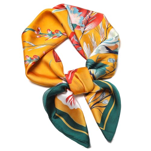 Stlvoll 27.5" Silk Neck Scarf of Women's Fashion Head Scarf Square Neck Satin Scarfs for Bag Hair Scarves Gift - color: Flower/Yellow