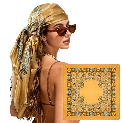 Large Square Head Scarf Bandana - 35" Satin Hair Scarf for Women Like Silk Scarf Fashion Hair Wrapping - color: Paisley(brown), size: 35IN*35IN