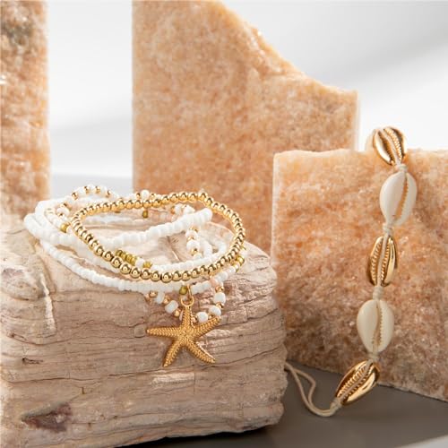 Beach Bracelets for Women Bohemian Stackable Heishi Surfer Bracelet Set Elastic Seashell Starfish Boho Friendship Bracelets for Summer Beach Party Holiday Vacation Jewelry - color: Starfish-7CPS