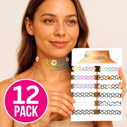 BodyJ4You 12PC Tattoo Choker Necklace for Women - 90s Choker Necklaces Y2K Fashion Trendy Vintage - Emo Black Choker Rainbow Pink White Purple Neon Green Blue Daisy Flower - color: Black, Rainbow, Purple
