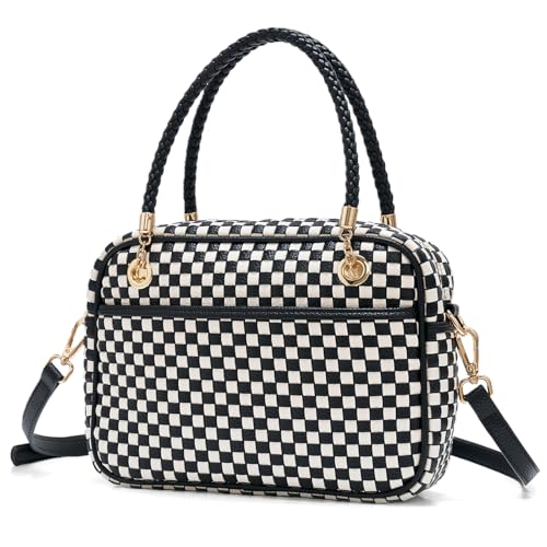 Chic Woven Crossbody Camera Bag, Soft Vegan Leather Purse with Designer Look & Braided Handle - color: Black and White Checkered