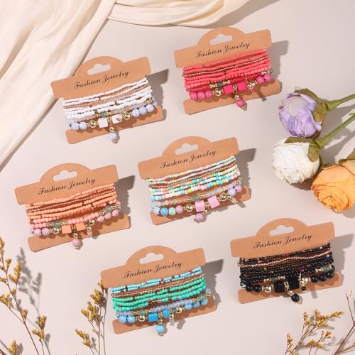 6 Sets Bohemian Bracelet Sets for Women | Beaded Bracelets for Women | Stackable Stretch Boho Bracelets for Women | Multi-color Bracelets Dainty Jewelry Gifts