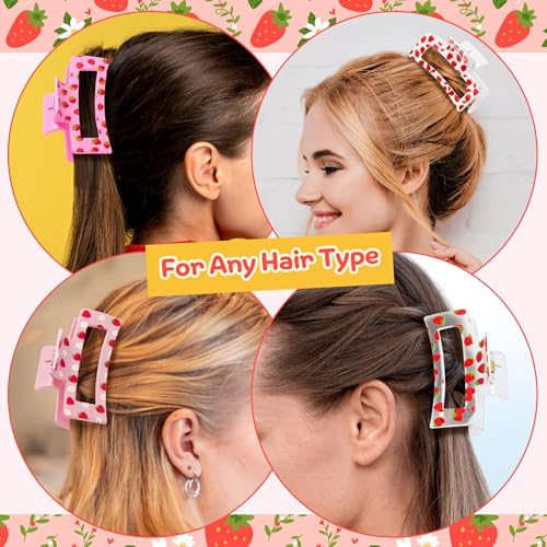 PANTIDE 4Pcs Strawberry Hair Claw Clips for Women Girls - Cute Fruit Rectangle Nonslip Clips Hair Accessories Aesthetic Barrettes for School Daily Party Favor Small Gifts Strong Hold