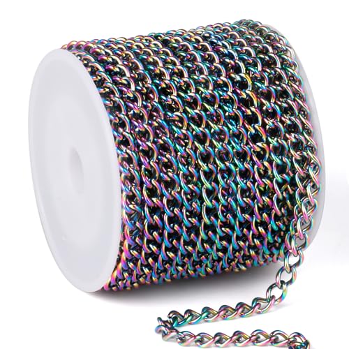 33FT Colorful Stainless Steel Curb Chains Roll, 5mm 304 Stainless Steel Multi Color Flat Twisted Links Curb Chains Bulk Spool for Jewelry Making DIY Craft - color: Colorful, size: 5.0mm width