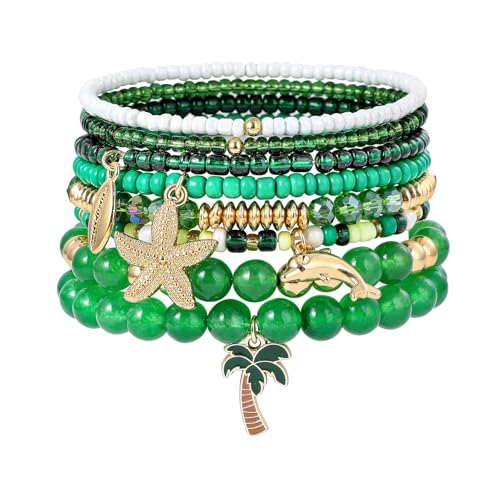 Shell Bracelet Seashell Boho Beaded Stretch Bracelets for Women Summer Beach Bracelets Starfish Charm Bracelet Stackable Gold Plated Bracelets Set for Women - color: f-green2