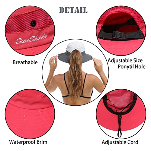 Womens Summer Sun Hat Beach Hat Wide Brim Outdoor UV Protection Hat Foldable Cool Mesh Ponytail Bucket Hat - color: Watermelon Red)