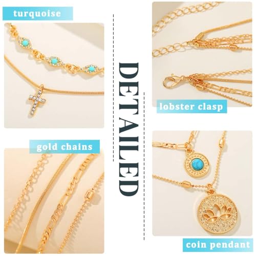 Tgirls Gold Multilayer Necklace Boho Turquoise Choker Necklaces Cross Pendant Necklace Jewelry