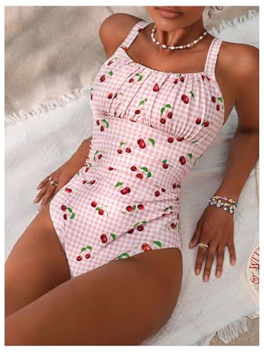 BEAUDRM Women's Boho Floral Print One Piece Swimsuit Y2K Bathing Suits Swimwear Beachwear - color: Pink Cherry, size: X-Small