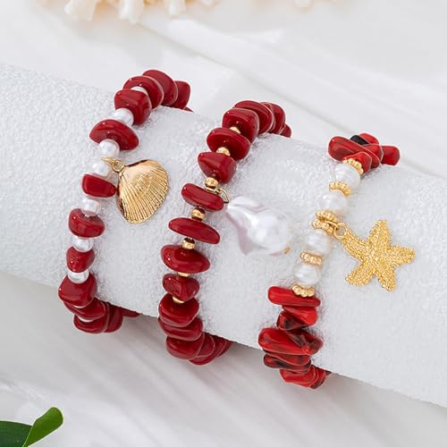 Boho Summer Bracelets for Women, Layered Beach Bracelets Set with Starfish Shell Pearl Charms, Colorful Beaded Bohemian Stackable Jewelry, Elastic Vacation Accessories Summer Outfit Jewelry - color: A3：Red Bracelet