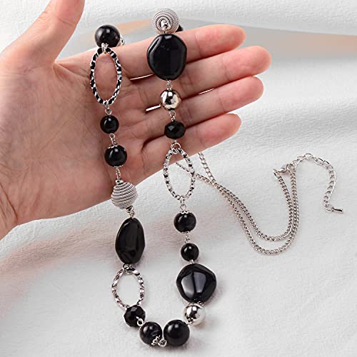 BULINLIN Beaded Long Necklace for Women Silver Sweater Chain Necklace with Crystal Resin Beads, Fashion Jewelry Necklace - color: Black