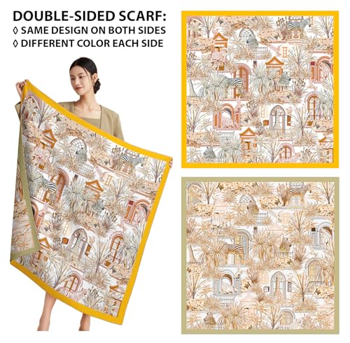 100% Silk Scarves, Extra-Large and XX-Large - color: Zebra and Giraffe, Goldenrod/Beige, Double-sided, Hand Rolled Edges