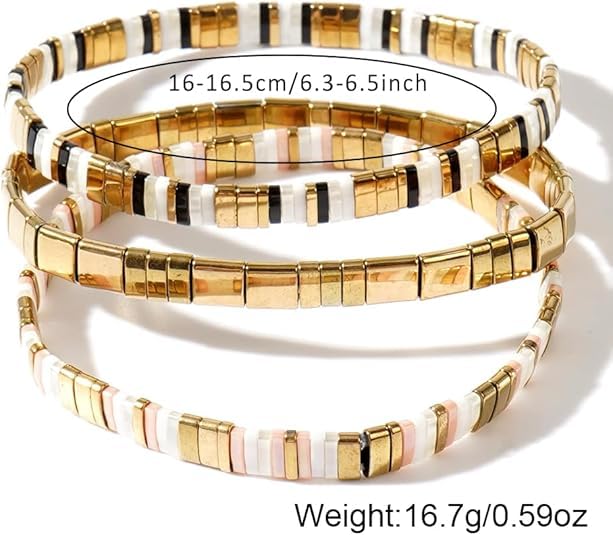 Tila Flat Square Stack Beaded Bracelets Set for Women Men, Boho 3Pcs Romantic Handmade Healing Gold Colorful Stretch Accessories Jewelry, Daily Vacation Party Holiday Friendship Gift - color: Gold White