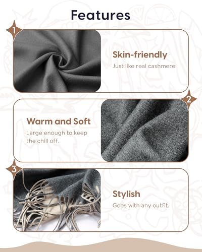 maamgic Women's Winter Scarf Soft Warm Scarf for Women Cozy Shawl Wraps for Women Lightweight Pashmina Style Wrap - color: Dark Grey and Cream