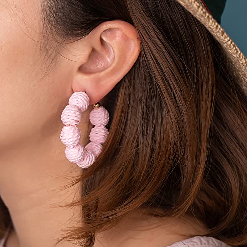 Raffia Hoop Earrings Statement Boho Beaded Earrings Cute Rattan Handmade Colorful Jewelry for Women Unique Summer Outfits - color: Pink