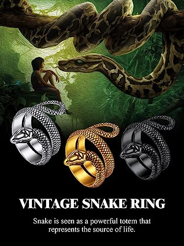 Stainless Steel/18K Gold Plated/Black Snake Ring for Men Women Size 7-12 Serpent Reptile Rings Punk Gothic Jewelry(with Gift Box) - color: 03-Black Plated