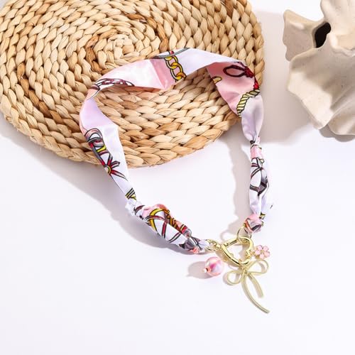 Scarf Long Fabric Colorful Silk Scarves Multi Pendant Necklace For Women Statement Boho Choker Twisted Ribbon Band Pearl Accent Heart Maple Leaf Bee Daisy Dragonfly Star Green Gem Charms - color: Pink Bow