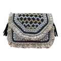 Handcrafted Boho Clutch Purse, Beaded Geometric Pattern with Fringe, Crossbody Evening Bag - color: Black