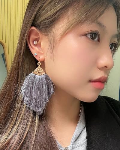 Earrings for Women Colorful Layered Leaf Earrings Bohemian Dangle Drop Tassel Silver Earrings Women Gifts - style: Gray