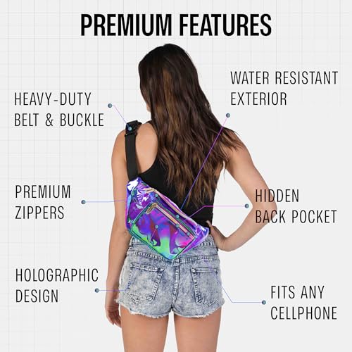 Holographic Fanny Pack Belt bag - Crossbody Waist Bag for Men or Women - Hands-Free, Waterproof Large Bumbag for Hiking, Running, and Travel (purple) - color: Transparent - Purple