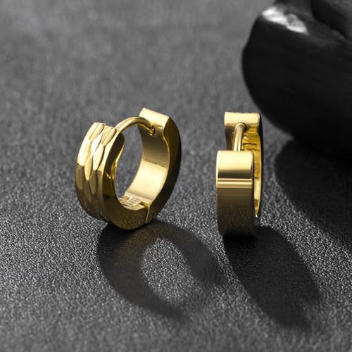 Stainless Steel Hoop Earrings for Women Gold Tone Geometric, Huggie Heart Twisted Minimalist Engraved Designs for Daily Wear - color: Gold04_13mm*14mm