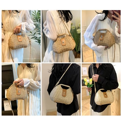 Handmade Straw Woven Bag Beach Clutch Purses Women Vacation Shell Shoulder Crossbody Summer Dumpling Handbag Basket Tote - color: A-beige