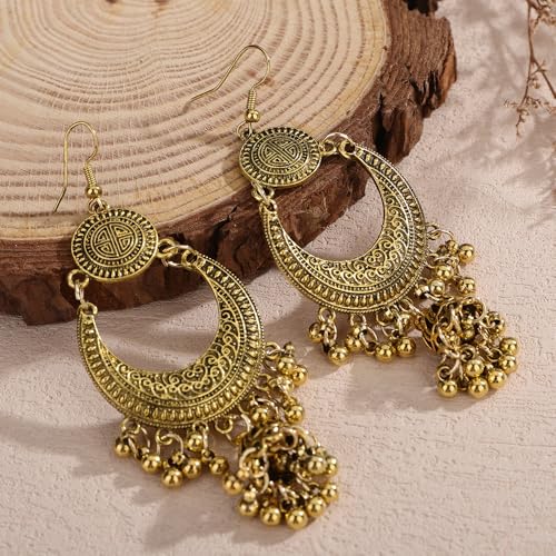 Bohemian Vintage Silver Drop Dangle Earrings Geometric Round Moon Beads Tassel Statement Gypsy Long Dangle Lantern Chandelier Earrings Boho Ear Accessories for Women Party - color: Golden