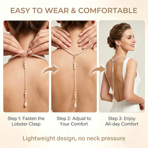 1Pcs White Elegant Pearl Backdrop Necklace Sexy Tassel Pendant Back Chain Body Decoration Chain for Women Backless Off-shoulder Dressing