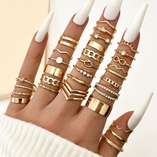 Gold Rings for Women Non Tarnish Stackable Rhinestone Moon Star Rings Dainty Stacking Pearl Butterfly Midi Pinky Thumb Joint Finger Knuckle Ring Set Gold Non Tarnish Jewelry Gifts Trendy Stuff - color: A Gold Stackable Rings 30Pcs