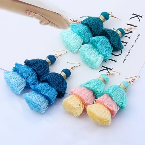 Bohemian Layered Earrings for Women Vintage Three-Layer Ombre Gradient Tassels Earrings Long Statement Tiered Fringe Drop Dangle Earring Elegant Beach Wedding Dangle Earring for Summer Seaside Festivals - color: Colourful