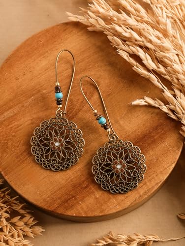 MINACHI Boho Antique Gold Tone Floral Mandala Drop Earrings with Turquoise Beads, Vintage Hippie Tribal Festival Western Jewelry Gift for Women