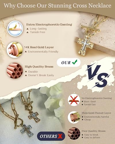 Chunky Cross Necklace for Women, 14K Gold/Silver Plated Statement Paperclip Chain Double Cross Pendant Necklaces Non Tarnish for Faith Religious Christian Jewelry Gifts - color: Gold2