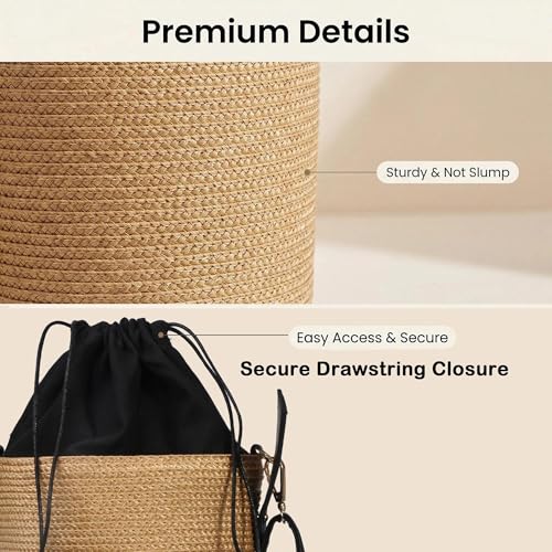 Eiyye Mini Woven Bucket Bag for Women Lightweight Straw Style Crossbody Purse with Leather Strap Drawstring Closure Summer Boho Handbag