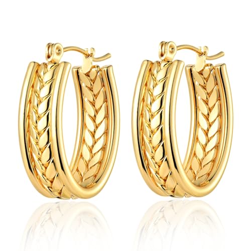 Gold Color Hoop Earrings for Women, Stainless Steel Wide Band Hoop Earrings with Twisted Rope Design, Womens Fashion Statement Dangle Earrings with Engraved Wheat Pattern - style: Oval