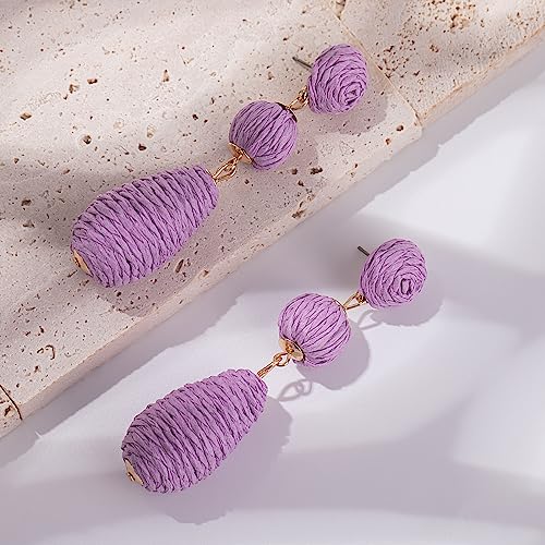 Boho Raffia Earrings Statement Dangle Earrings Cute Teardrop Ball Earrings Colorful Summer Jewelry Handmade Rattan Earrings for Women - color: Purple