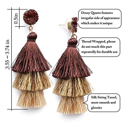 Me&Hz Colorful Layered Tassel Earrings Bohemian Statement Tiered Tassel Big Dangle Drop Earrings for Women Druzy Studs Valentine’s Day Gift - color: Brown Ombre