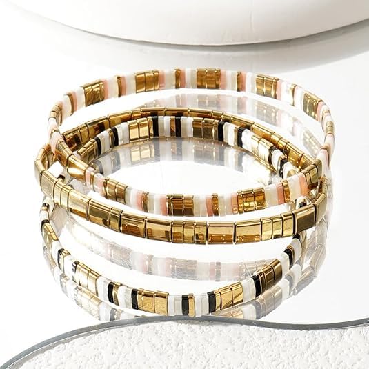 Tila Flat Square Stack Beaded Bracelets Set for Women Men, Boho 3Pcs Romantic Handmade Healing Gold Colorful Stretch Accessories Jewelry, Daily Vacation Party Holiday Friendship Gift - color: Gold White