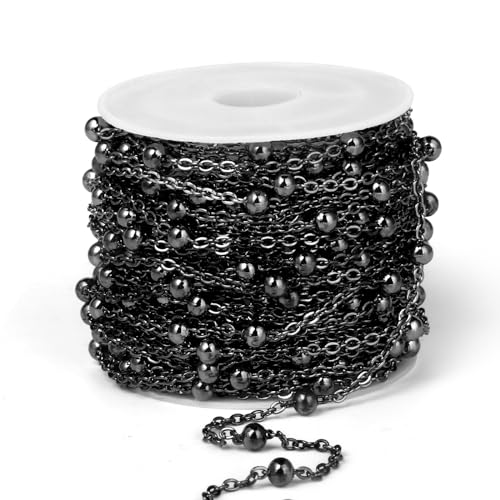 33 Feet Gunmetal Satellite Bead Chains Roll, 2mm 304 Stainless Steel Black Ball Beaded Cable Link Chains Spool Bulk for Jewelry Making DIY Craft - color: Black Big Beads Satellite Cable Chain