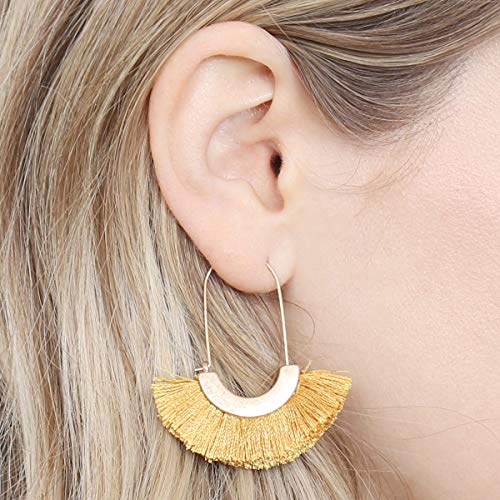 Bohemian Silky Thread Tassel Strand Fringe Statement Hoop Earrings - Lightweight Semi Circle Fan Threader, Mermaid Hoops - color: Fan Tassel Threader - Mustard