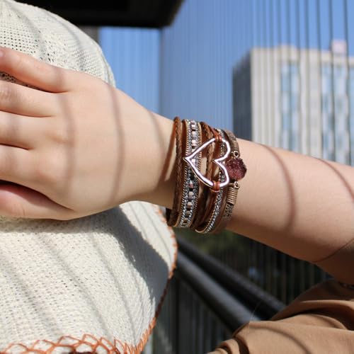 Womens Multi Layer Heart Leather Wrap Bracelet Boho Stackable Cuff Bangle Magnetic Clasp Crystal Birthday Valentine Gift - color: Brown
