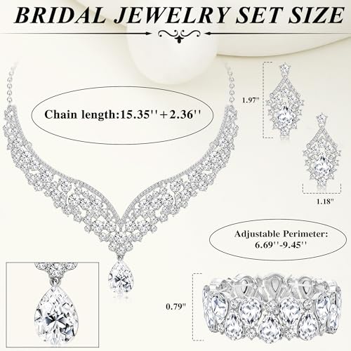 IRONBOX Crystal Wedding Bridal Jewelry Set for Women Prom Sliver Rhinestone Teardrop Necklace Earrings Bracelet Wedding Bridesmaid Gifts Fit with Wedding Dress