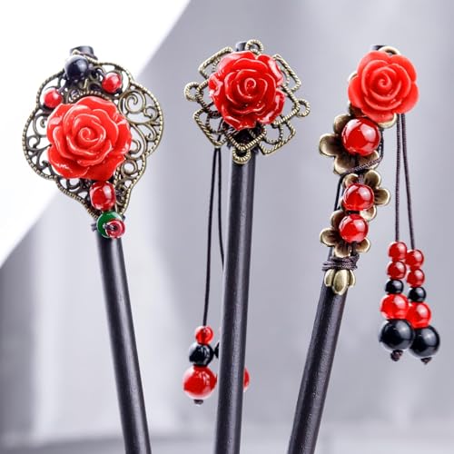 3 Pieces Retro Wooden Hair Sticks with Tassels and Flowers - Vintage Handmade Rose Hair Accessories for Women and Girls