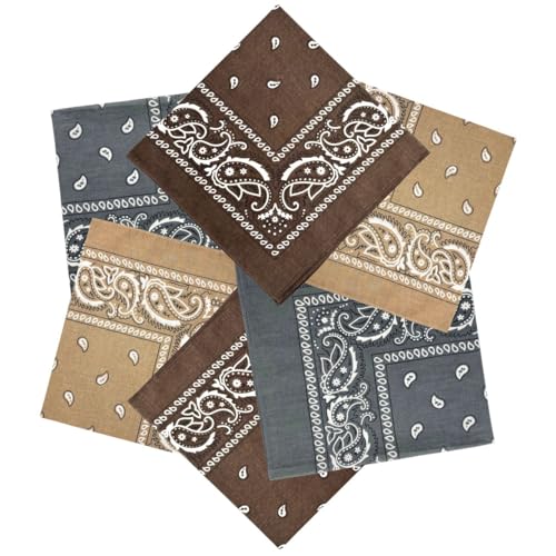 MDSTYLE 6 Pack 100% Cotton Bandanas 22” x 22" for Men & Women Paisley Handkerchief Headband Scarf Bandana - color: Brown X2, Tan X2, Grey X2
