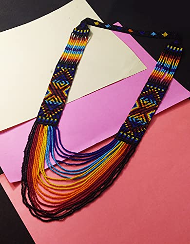 Handmade Native American Style Tribal ethnic Seed Bead Beaded Layered Medallion Necklace #1 - color: Blue Multi