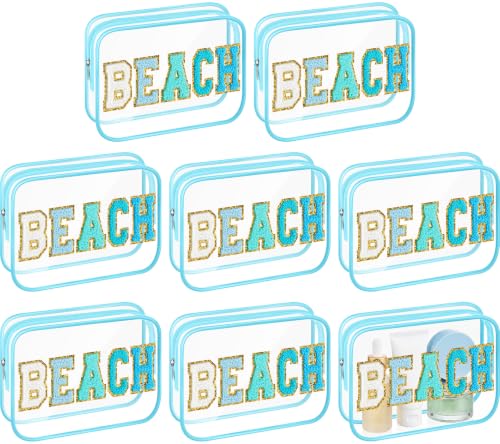 Kacctyen Clear Makeup Bag Bulk Summer Beach Sunscreen Pouch Waterproof Toiletry Cosmetic Zippered Organizer with Preppy Chenille Letter Patch(Beach,Lake Blue,8 Pcs) - color: Lake Blue, size: Beach