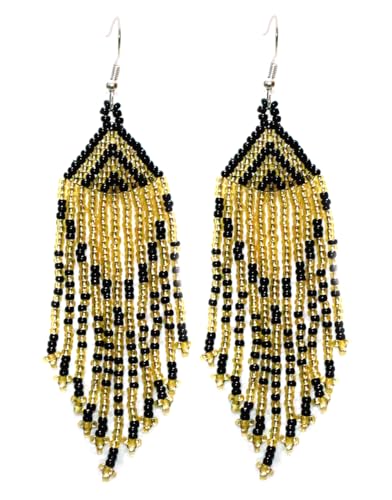 Long Beaded Dangle Earrings – Boho Native Handmade Seed Bead Tassel Bohemian Large Statement Drop Fringes for Women - color: Golden, Black