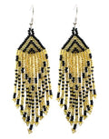 Long Beaded Dangle Earrings – Boho Native Handmade Seed Bead Tassel Bohemian Large Statement Drop Fringes for Women - color: Golden, Black