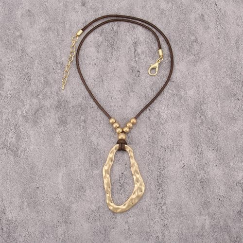 GelConnie Leather Necklaces Turquoise Long Boho Necklaces for Women Brown Chunky Circle Pendant Chocker Necklace Gold Sweater Necklace - style: Brown Gold Boho Necklace