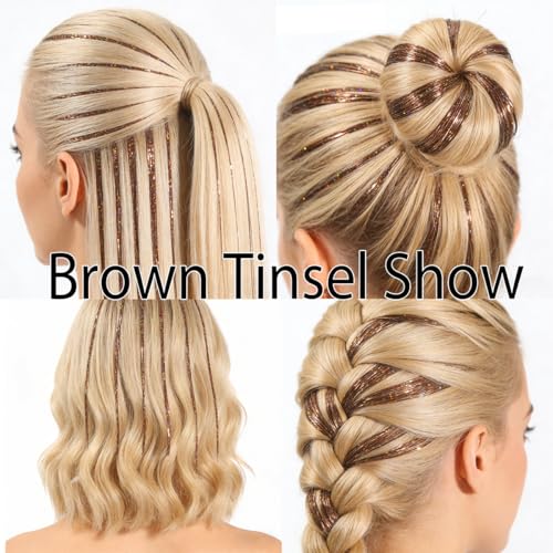Celinebella Chestnut Brown Hair Tinsel, 48" 1250 Strands Natural Shimmer | Natural low-key chestnut brown tone, blends well with dark hair, heat resistant, great for office daily casual styling - color: 14-Chestnut Brown, size: 48 Inch Pack of 5Pcs