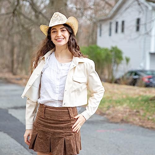 TOVOSO Western Cowgirl Hat, Straw Cowboy Hat for Women with Shapeable Brim, Beaded Hearts Trim, Shapeable Cowboy Hat - color: Beige