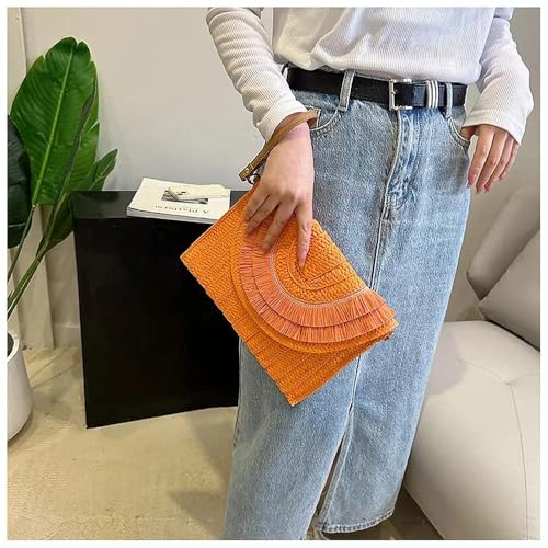 Crossbody Bags for Women, Straw Clutch Purses, Bohemian Handmade Woven Envelope Package, Tassel Handbags for Women | Bohemian - color: Orange